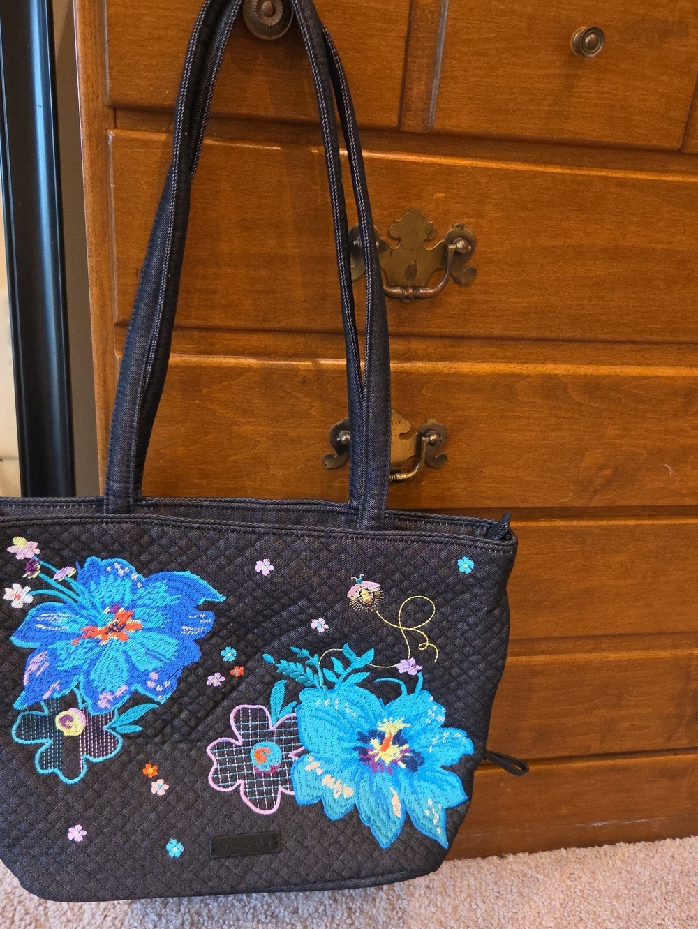 Vera Bradley Black Quilted Tote with Bright Blue Floral Embroidery